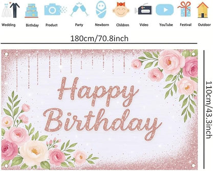 Rose Gold Birthday Backdrops Banner Floral Pink Flower Glitters Happy Birthday Photography Background for Women Girls Wedding Baby Shower Decor Party Photo Booth Supplies 6x4ft