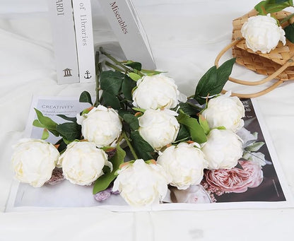 10pcs White Silk Peonies with Single Stem - Faux Flowers for Wedding Table Centerpieces, Home Decorations, Bridal Bouquets & Floral Arrangements