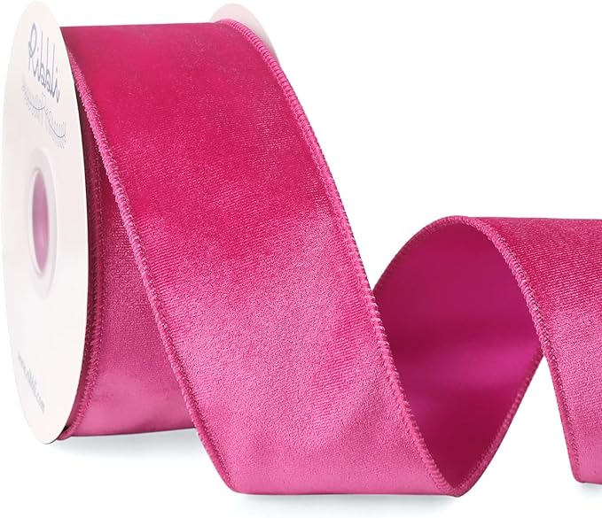 Ribbli Hot Pink Velvet Wired Ribbon 2.5 Inch Velvet with Satin Christmas Ribbon for Gift Wrapping Christmas Tree Decoration Crafts Wreaths Supplies-Continuous 10 Yards