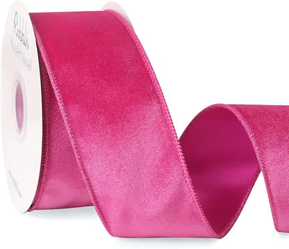 Ribbli Hot Pink Velvet Wired Ribbon 2.5 Inch Velvet with Satin Christmas Ribbon for Gift Wrapping Christmas Tree Decoration Crafts Wreaths Supplies-Continuous 10 Yards