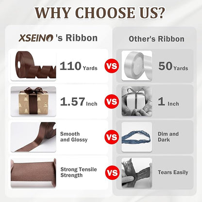 XSEINO 110 Yards Ribbon,1 1/2 Inch Brown Satin Ribbon for Flower Bouquet, Gift Wrapping, Ribbons for Crafts, Hair Bows Making, Wedding Party Decoration, Sewing, Invitation Cards, Christmas