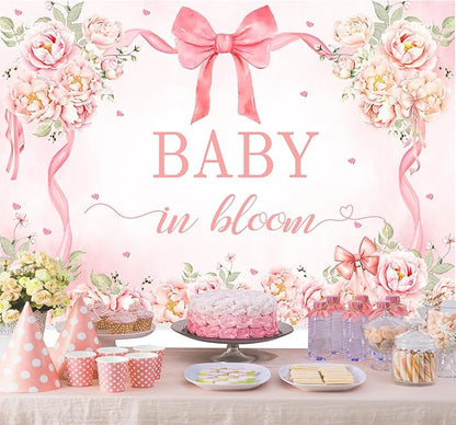 InMemory Pink Floral Baby Shower Backdrop for Girls Coquette Bow Flowers Love Hearts Gender Reveal It's a Girl Newborn Baby in Bloom Sign Banner Party Decorations Background 7x5ft