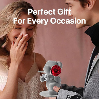 JoyFlower Cute Teddy Bear with Preserved Flowers, Eternal Real Red Rose with Promise Ring Gifts with Gift Box for Girlfriend Wife Women Her in Birthday Christmas, Valentine's, Weddings, Anniversary