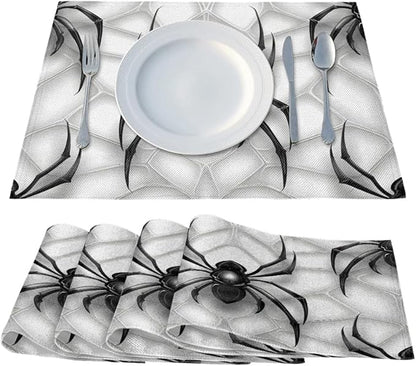 Black Spiders Placemats, Place Mats Set of 4, Heat Resistant Place Mats, Washable Table Mats for Dining Table, Non-Slip Stain Resistant Kitchen Table Placemats, Spiders Web