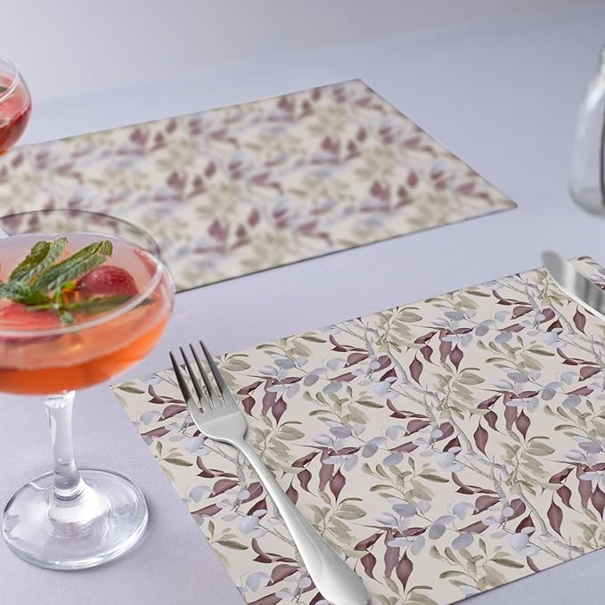Botanical Placemats Set of 4, 12x18 in Waterproof Place Mats for Dining Table, Floral Table Mats with Mauve Gray Green Leaves and Silver Branches, Nature-Inspired Heat-Resistant Kitchen Decor