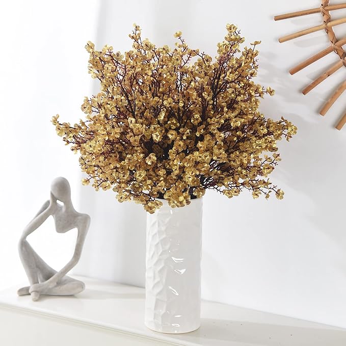 15PCS Artificial Baby Breath Flowers Fake Silk Real Touch DIY Floral Bouquets Decor Wedding Party Decoration Arrangements-Gold