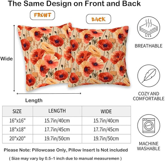 Floral Throw Pillow Covers Set of 2 | Poppy Flower Print Decorative Cushion Cases for Couch, Sofa, Living Room and Bedroom | Square 18x18 Inches | Zipper Closure Pillowcases