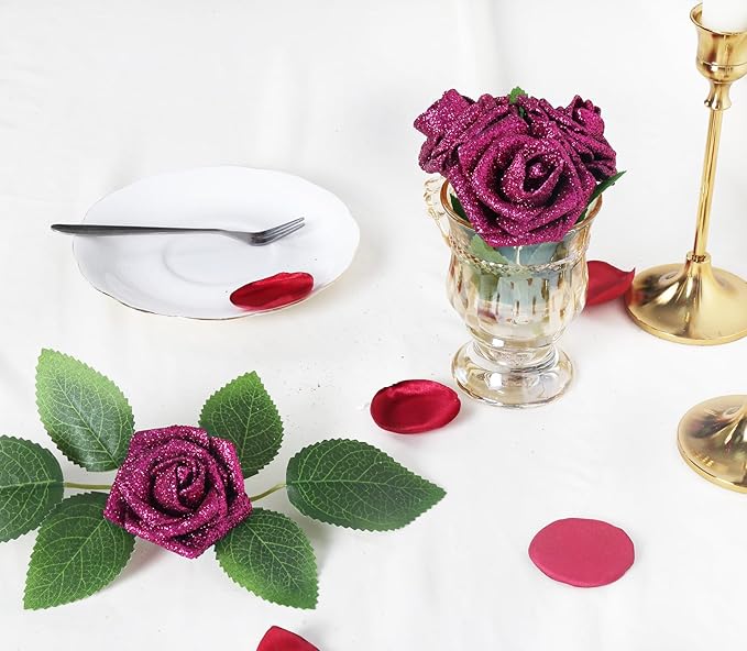 IPOPU Artificial Roses,25pcs Glitter Roses Glitter Flowers Foam Roses with Stems for DIY Wedding Bridal Bouquet Home Party Decoration(Deep Pink)