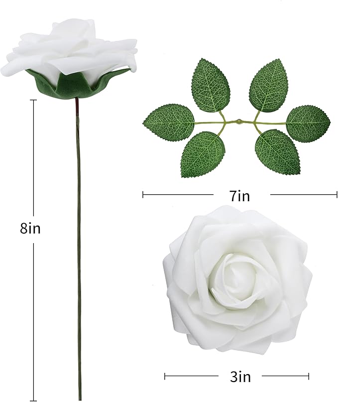 DuHouse 50Pcs Artificial Roses Flowers Fake Roses with Stems Real Touch Foam Flowers for DIY Wedding Bouquet Baby Shower Centerpiece Floral Arrangement Party Home Decor(White)