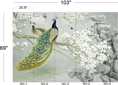Magnolia Flower Peacock Chinoiserie Wallpaper for Bedroom 103" x 69"