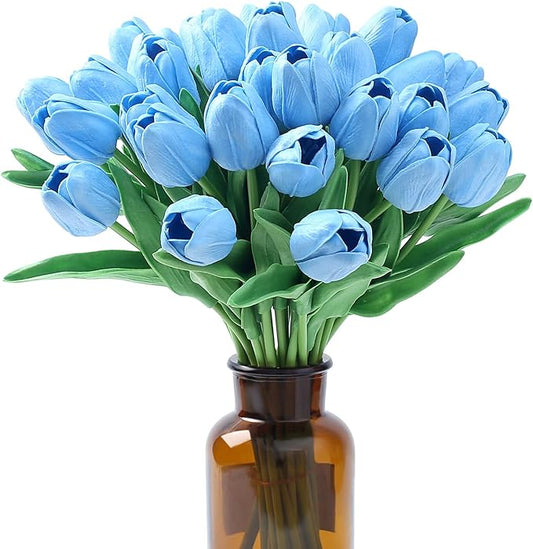 SITUMEIZI 15pcs Blue Tulips Fake Artificial Flowers Real Touch 14" Silk Flower for Home Decor Spring Easter Wedding Bouquet Decorations Floral Arrangements