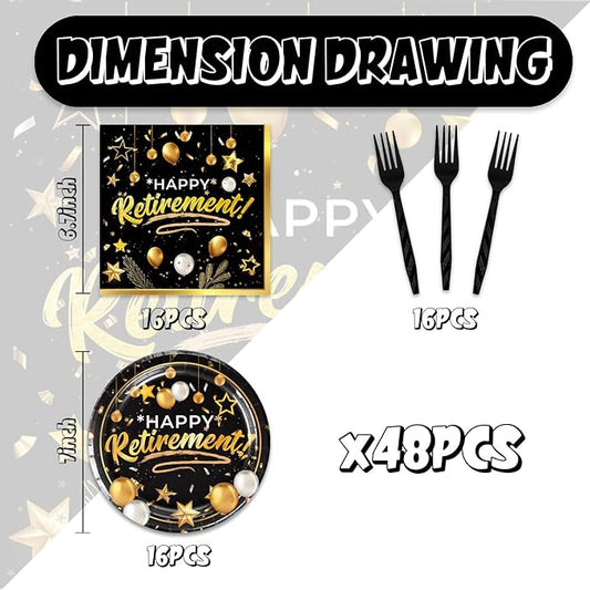 48pcs Retirement Party Decoration Set,16 Dessert plate,16 Napkin And 16 Fork,16 persons Black Gold Disposable tableware,Black Gold Retirement Party Supplies