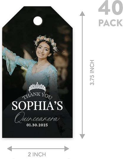 Andaz Press 40-Pack Personalized Quinceañera Favor Tags with String, Classic Thank You Gift Tags with Custom Photo Crown for Quince Años XV 15th Birthday Favor Gifts, Quinceanera Decorations