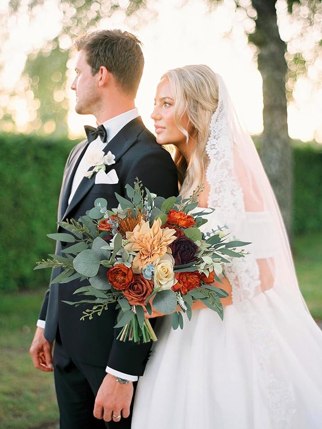 Rinlong Fall Wedding Bouquets for Bride Burnt Orange Bridal Bouquet for Wedding Terracotta Bouquets Boho Artificial Flowers
