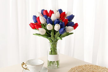 20pcs Artificial Tulips Patriotic Flowers for 4th of July Decor Fake Tulip Independence Day Slik Tulips Memorial Day Table Centerpiece Decor(Red White and Blue Flowers)