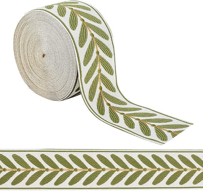OLYCRAFT 10.9Yards Jacquard Ribbon Trim 2.4 Inch Leaf Pattern Jacquard Polyester Ribbons White Green Leaf Jacquard Woven Embroidery Trim for DIY Sewing Crafts Handmade Bag Belts Clothing Decoration