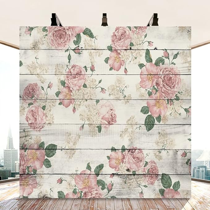 AOFOTO 8x8ft Vintage Wood Plank with Rose Floral Photography Backdrop Retro Pink Roses on Wooden Board Rustic Wedding Background Lady Woman Artistic Portrait Valentine's Day Photoshoot Studio Props