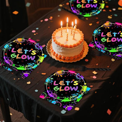 48pcs Neon Party Decoration Set,16 Dessert plate,16 Napkin And 16 Fork,16 persons Disposable tableware,Used Let Glow Birthday Party Supplies