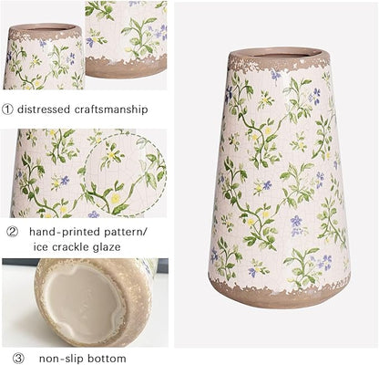Vintage Ceramic Flower Vase with Floral Crackle Glaze, Rustic Farmhouse Decorative Vase for Home Décor, Table Centerpiece for Mother’s Day, Birthday, or Housewarming