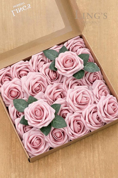 Ling's moment Artificial Flowers 25Pcs Shabby Blush Roses Decor w/Stems,3" Real Touch DIY Foam Floral for Wedding Bouquet/Centerpieces, Outdoors Party Backdrop, Room/Table, and Garden/Pot Decorations