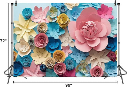 Colorful Flowers Paper Wall Photography Background 8x6FT Lovely Style Champagne Blue Pink Blossoming Flower Backdrops Portraits Shooting Video Studio Props