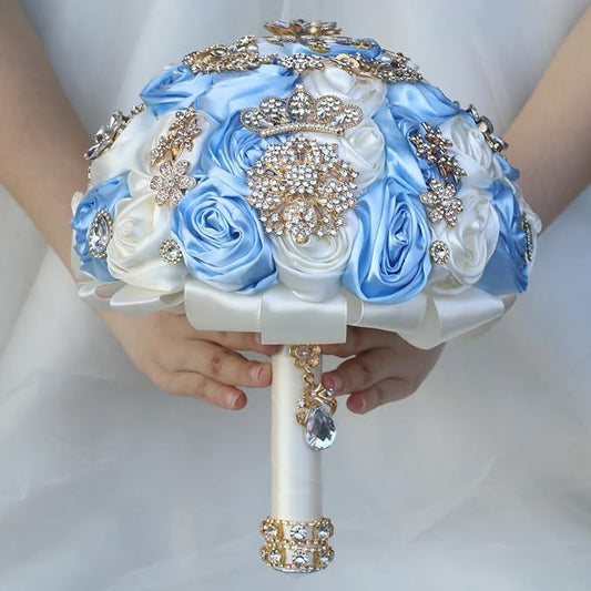 Handmade Satin Rose Floral Bling Pearl Decor Bridal Wedding Bouquet Rhinestone Pendant Artificial Brooch Flowers for Bride Bridesmaid Quinceanera
