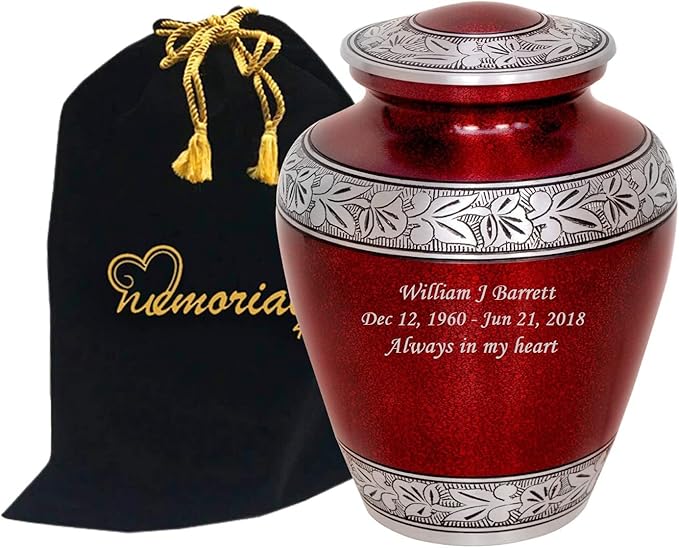 MEMORIALS 4U Custom Engraved Cremation Urn - Handcrafted Urn for Human Ashes - Affordable Urn for Ashes with Velvet Bag (Red Glitter)