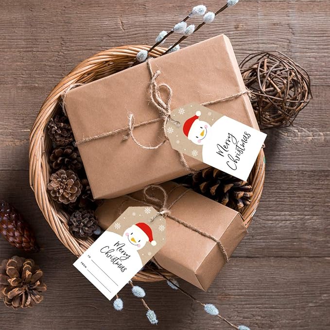 Andaz Press Christmas Holiday Season Classic Gift Tags, Merry Christmas to from Classic Favor Tags, Happy Snowman with Santa Hat Design, for Holiday Events, Parties, and Favors, 60-Pack