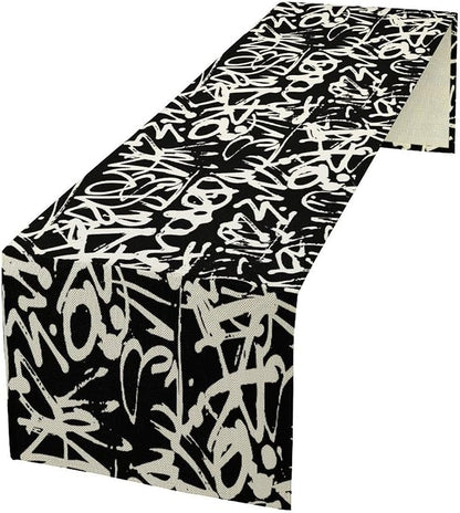 Graffiti Table Runner,Black White Abstract Messy Art Theme Pattern Print Tablecloth Burlap for Hotel Indoors Outdoor Dining Room Kitchen Home Decor,W13X L108 in