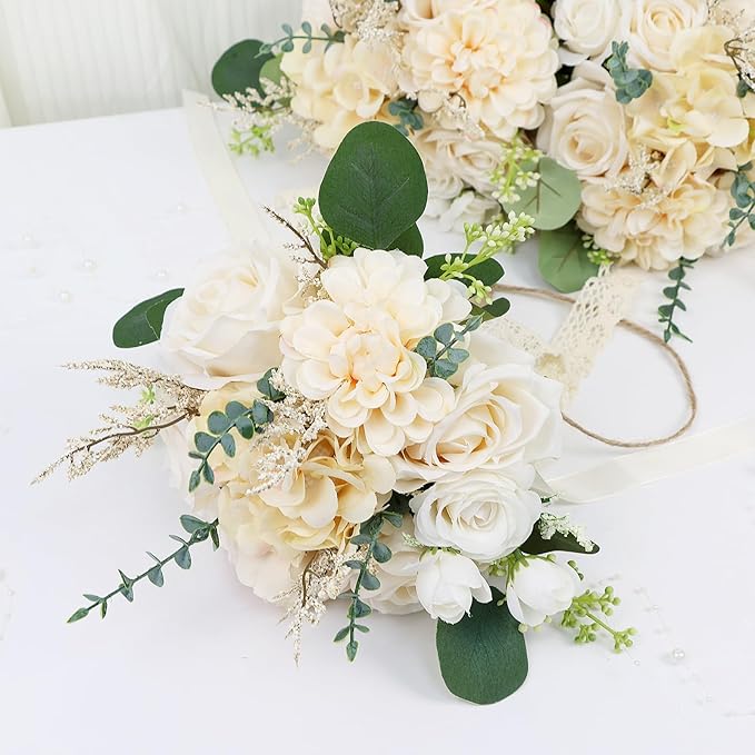 Set of 2 Bridesmaid Bouquets for Wedding, 9 Inch Boho Bridesmaid Flowers for Ceremony Anniversary Centerpieces Decorations, Artificial Rose Bouquets Vintage - Beige
