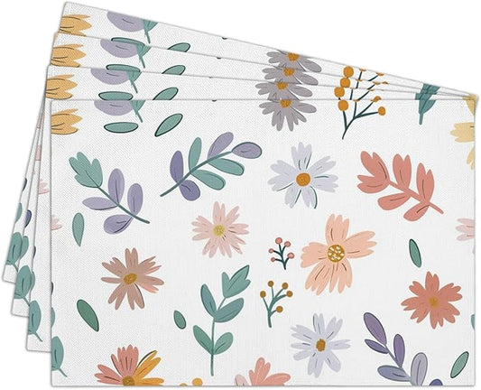 Cotton Linen Waterproof Placemats Set of 4, Daisy Floral Dining Mat Table Mats Decor Fabric for Kitchen Dinner Coffee Shop Table, Indoor/Outdoor Washable Wipeable Placemat -N023