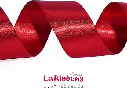 LaRibbons Bright Red Satin Ribbon 1 1/2 Inch 25 Yards Luxury Double Faced Red Ribbon for Gift Wrapping Flower Bouquet Crafts Wedding Party Christmas Decoration