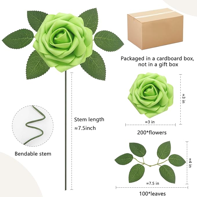 Artificial Flowers Roses Real Looking Foam Fake Roses with Leaves and for DIY Wedding Bouquets Bridal Shower Centerpieces Party Decorations (Green, 200)