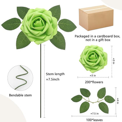 Artificial Flowers Roses Real Looking Foam Fake Roses with Leaves and for DIY Wedding Bouquets Bridal Shower Centerpieces Party Decorations (Green, 200)