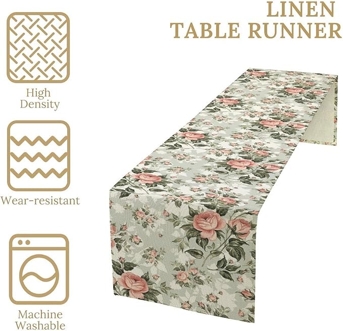 Rose Floral Table Runner, Green Pink Rose Leaf Classic Vintage Decorative Table Runner for Kitchen Dining Party Wedding Home Decor, 13x70 Inch
