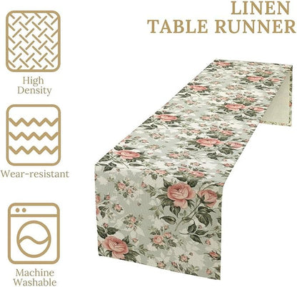 Rose Floral Table Runner, Green Pink Rose Leaf Classic Vintage Decorative Table Runner for Kitchen Dining Party Wedding Home Decor, 13x90 Inch