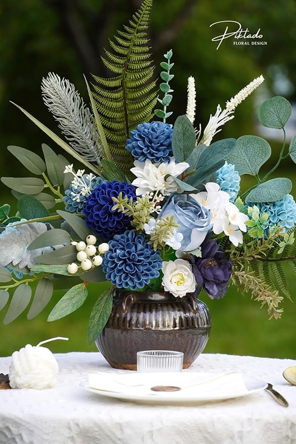 Artificial Wedding Dahlia Flowers 25 pcs Fake Roses with Stem for DIY Wedding Decor Centerpieces Arrangements Bouquets (Shades of Navy Blue)