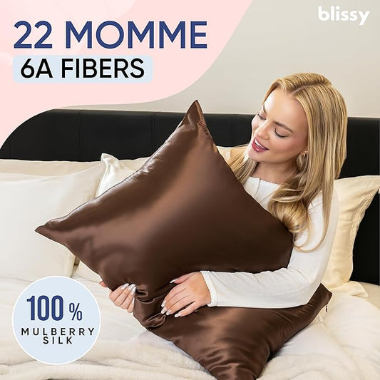 Blissy Silk Pillowcase - 100% Pure Mulberry Silk - 22 Momme 6A High-Grade Fibers - Silk Pillow Cover for Hair & Skin - Regular, Queen & King (Chocolate, Queen)