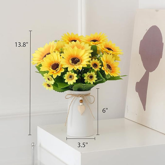Artificial Sunflower Arrangement in Cream Vase, Silk Fake Flowers in Vase with Jute Rope & Heart Charm, Table Centerpieces for Dining Room, Kitchen and Table Décor