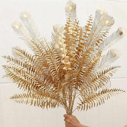 PASYOU Artificial Plants Christmas Decor, Gold Fake Flowers Shrubs Plastic Grass Leaves Indoor Outdoor Home Garden Party Hotel Verandah Wedding Event Faux DIY Decoration - 30 Inch Golden 2 Bunches