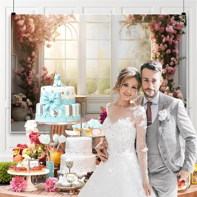 12x6ft Bridal Floral Backdrop for Wedding Pink Rose Window Scenery Green Leaves Elegant Photography Background for Valentine's Day Bridal Shower Birthday Spring Party Women Girls Portraits