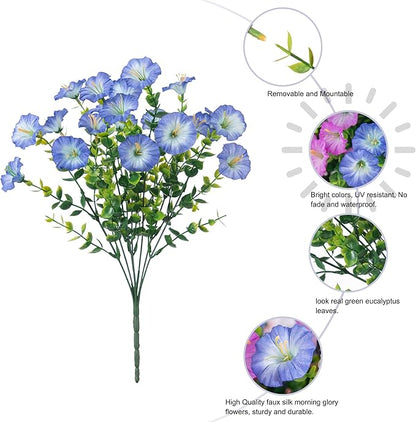 Artificial Flowers Fake Plants for Outdoors Decoration, 12 Bundles Silk Morning Glory with Eucalyptus Realistic UV Resistant Faux Flowers for Outside Planter Porch Yard Patio Garden Home Indoor, Mix