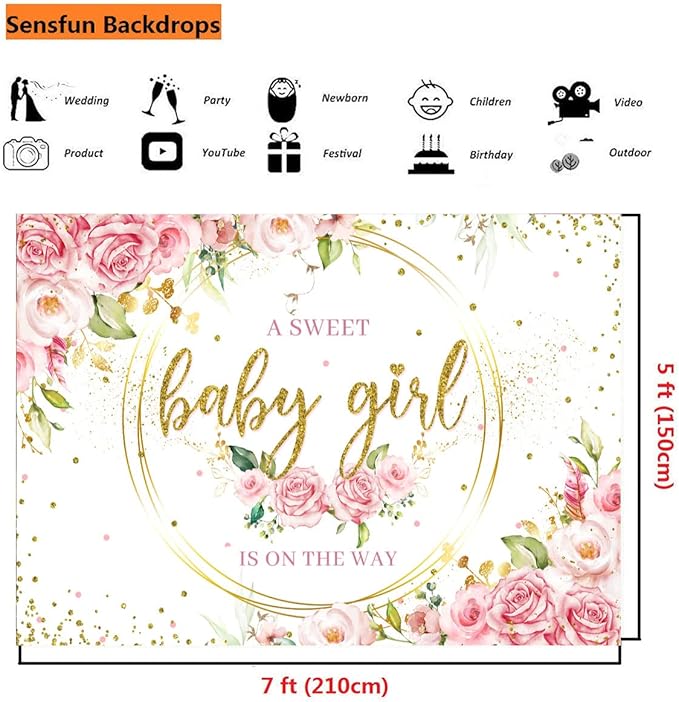 Sensfun Glitter Gold Pink Floral Baby Girl Baby Shower Backdrop Banner Decorations,Watercolor Flower Its a Sweet Baby Girls Baby Shower Party Decor Photography Background Photo Booth Shoot Props 7x5ft