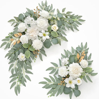 Faux Flower Swag Set of 2 for Wedding Welcome Signs Floral Swag Wedding Reception Ceremony Signs Decor (A-White)