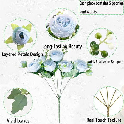 Peonies Artificial Flowers 12 Bundles Pink Flowers Bouquet, Lifelike Silk Fake Peonies with Stems for Home Table Centerpieces, Wedding, Party & DIY Bridal Floral Arrangements (Blue)
