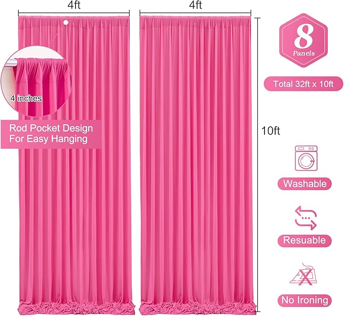 Hot Pink Backdrop Curtain 8 Panels-Wrinkle-Free Polyester Photography Drapes for Wedding Party Photo Background Decorations- 32 X10FT (Hot Pink)