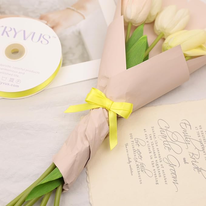Lemon Yellow Satin Ribbon, Double Faced 3/8 Inch X 25 Yards Lemon Yellow Ribbon, Premium Satin Ribbon for Gift Wrapping, Crafts, Hair Bow Making, Sewing, Flower Bouquet, Wedding Party Decor