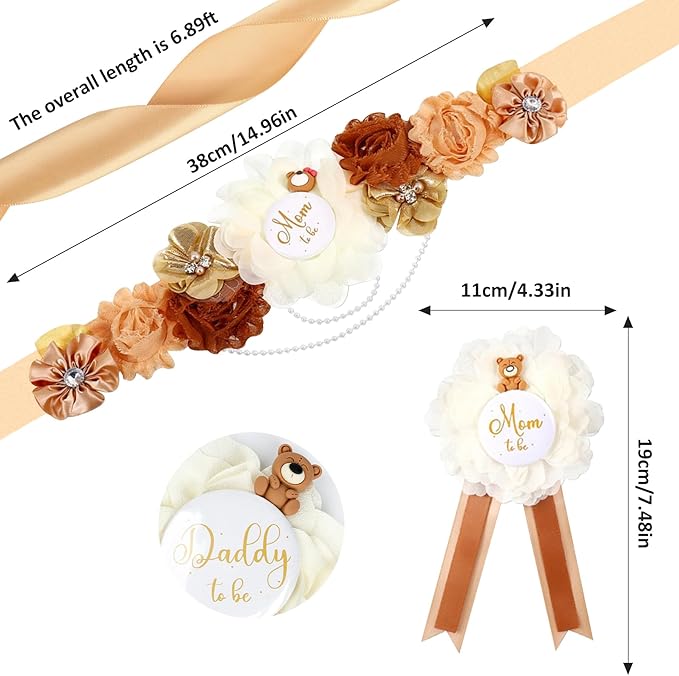 INSYOHO We Can Bearly Wait Baby Shower Decorations - Adjustable Teddy Bear Theme Maternity Belt with Colorful Flowers Baby Shower Decorations, Gender Reveal Party Supplies for Mom to Be