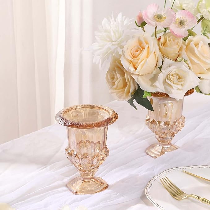 Efavormart 2 Pack Classic Roman Urn Style Amber Glass Flower Vases, Mini Pedestal Vase Table Centerpieces - 6"