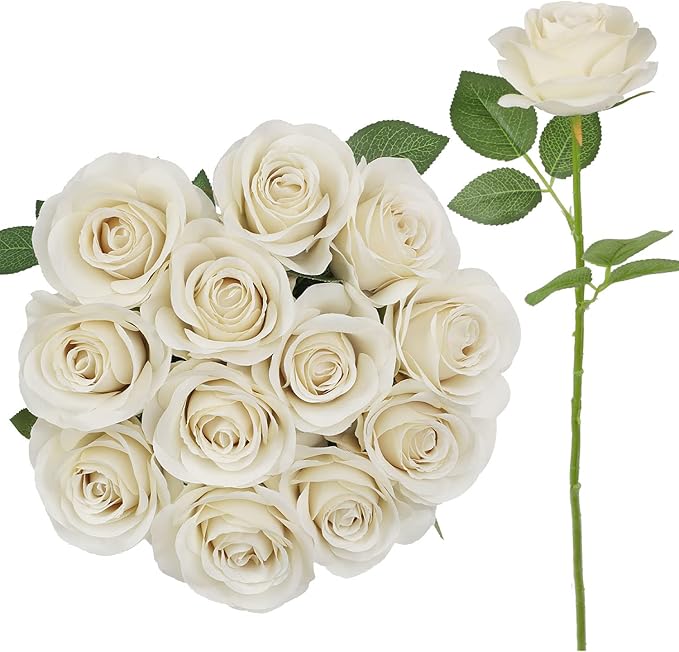 12pcs Roses Artificial Flowers Beige Silk Roses with Long Stems Fake Flowers for Wedding Bouquet Centerpices Decorations Party Bridal Baby Shower Home Decor